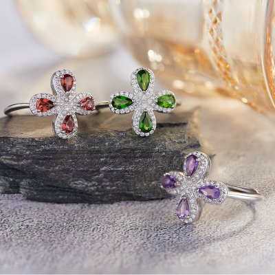 Flower-shaped S925 Sterling Silver Ring Set With Natural Gemstones